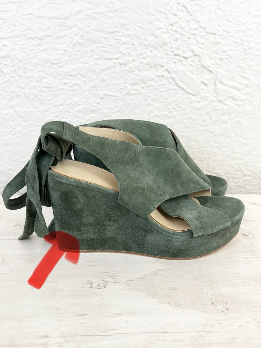 Etienne Aigner Wedge Heels Sandals Shoes Green Suede Tie Ankle 8.5 - Picture 9 of 15